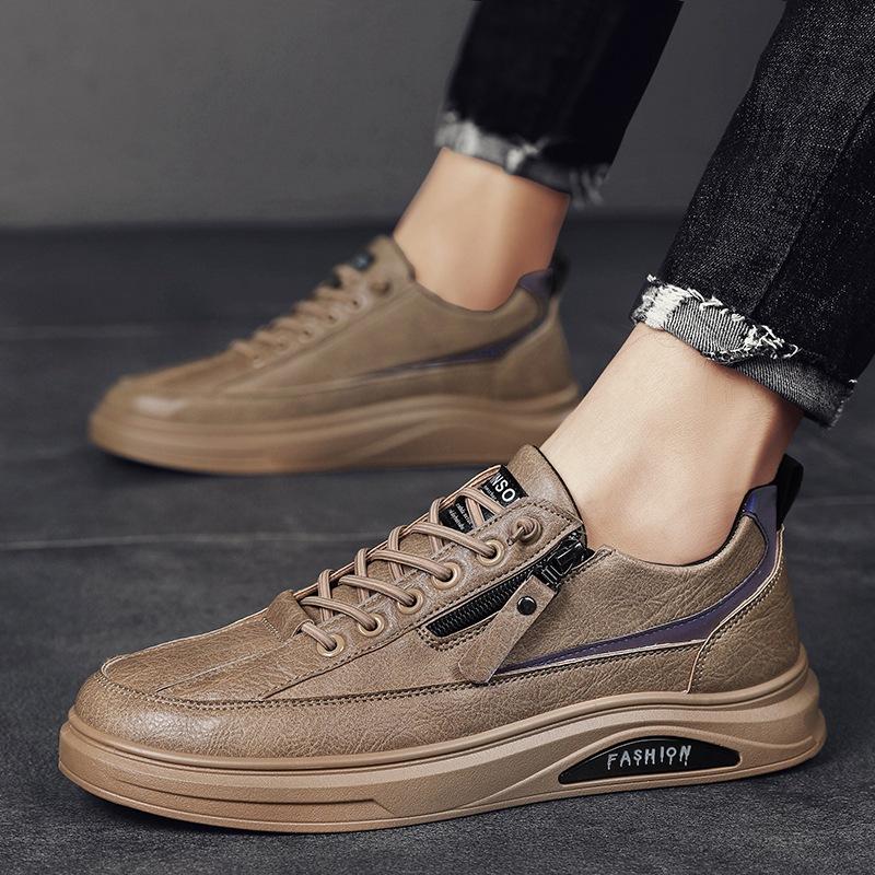 2024 Leather Casual Men Shoes Zipper Platform Fashion Designer Luxury Four Seasons Retro Low Top Outdoor Walking Male Sneakers