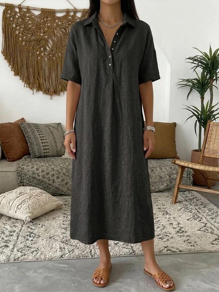 Women's Spring and Summer New Casual Straight Comfortable Polo Neck Linen Short Sleeve Dress