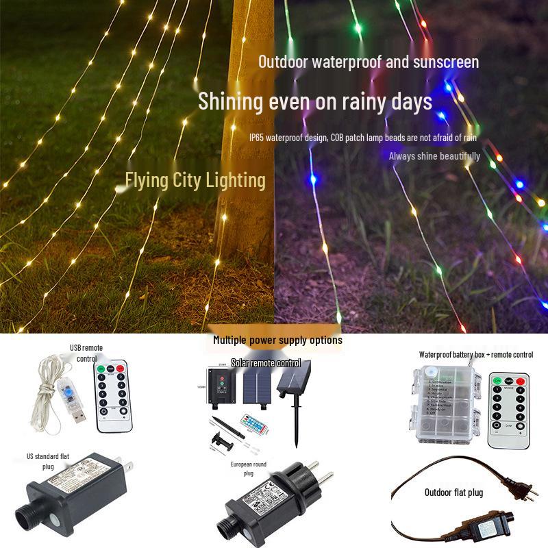 LED Solar Santa Pentagram Waterfall String Lights - Copper Wire Star Fairy Lights for Christmas Tree & Courtyard Decorations