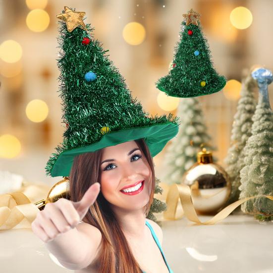 Christmas Tree Hat Glitter Tinsel Santa Hat for Adults Children Funny Holiday Party Acceesory