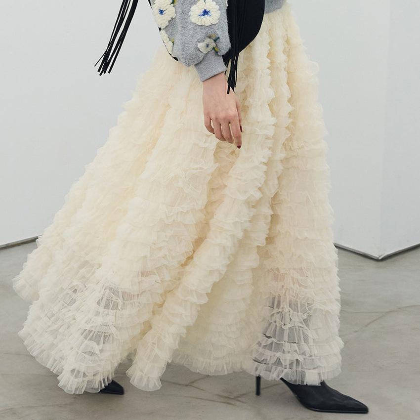 Spring Autumn Women s Fluffy Fairy A-line Mesh Embroidered Long Skirt One Size абрикосовый/белый