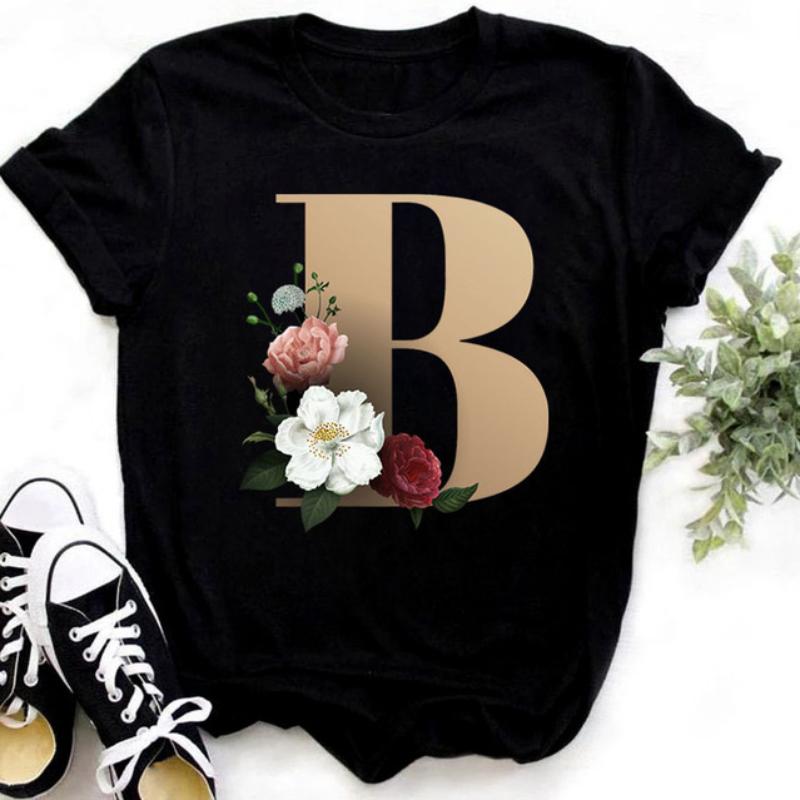 Fashion Golden 26 Letters Flower Harajuku Print Ladies T-shirt Casual Basics O-collar Black Shirt Short Sleeve Ladies T-shirts