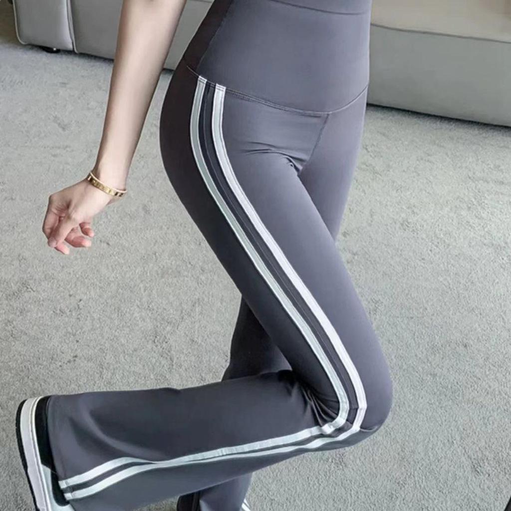 Black Striped Micro-Flare Sports Pants for Women - 2026 Spring Collection, High Waist Slimming Bell Bottoms, Plus Size, Extra Long.