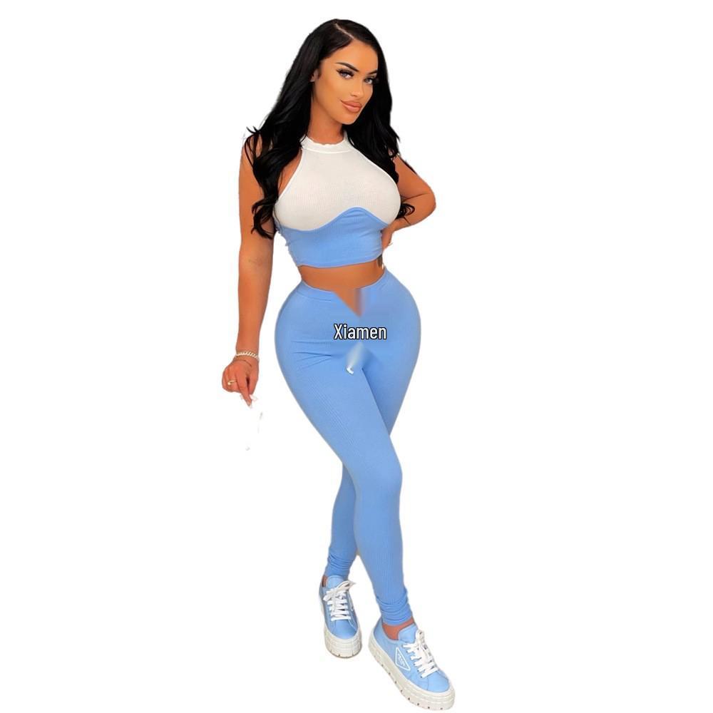 Women's European & American Sexy Ribbed Two-Piece Set: Round Neck Vest & Tie Pencil Pants