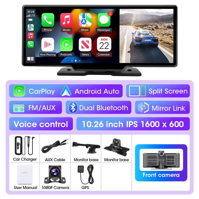 10.26" 4K Dash Cam Rearview Camera WIFI Carplay & Android Auto Dual Lens Car DVR Video Recorder AUX GPS 24H BT FM Mirror Monitor