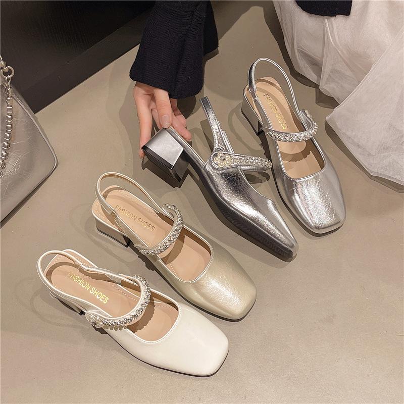 French Beautiful Bag Head Sandals Women's 2025 New Summer High Heels with Skirt Rhinestone Thick Heel Sandals