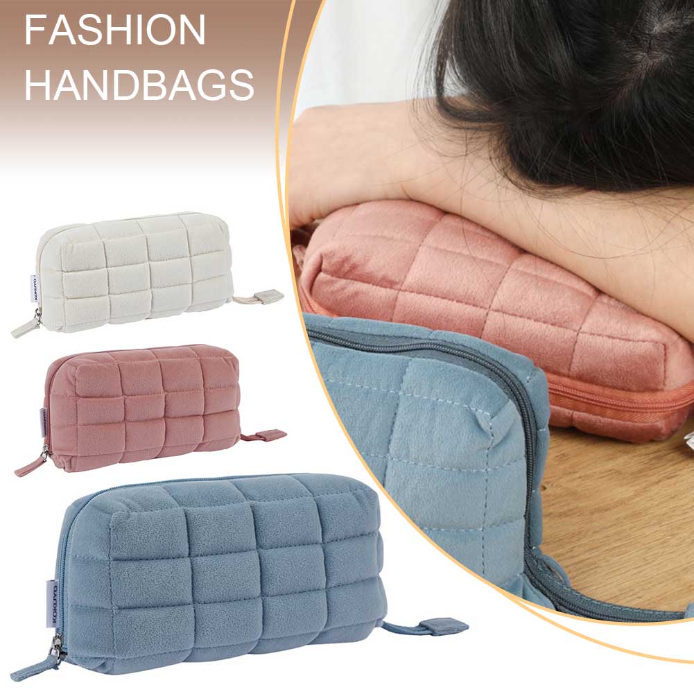 Women's Quilted Cotton Makeup Pouch Japanese Cosmetic Bags Pillow Shape Soft Storage Bag Multifunction Furry Travel Toiletry Bag