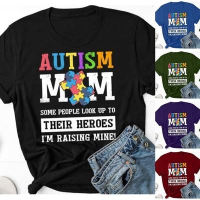 Autismus Mama Buchstabenaufdruck T-Shirt Damen Kurzarm O-Ausschnitt Lockeres T-Shirt Sommer Damen T-Shirt Oberteile Camisetas Mujer