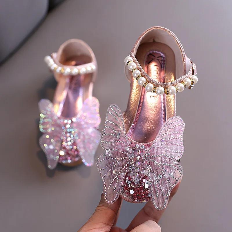 Girls Leather Shoes Children's Lace Butterfly Rhinestone Pearls Beading Performance Single Shoes Fashion Weeding Kids Shoes