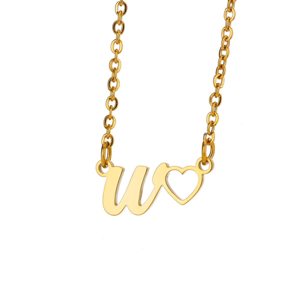 Fashion Initial Pendant Necklace For Women Letter Name Hollow Out Heart Charm Stainless Steel Gold Color Chain Jewelry Gift