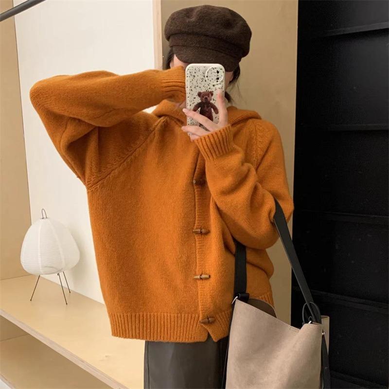 Lazy Wind Loose Horn Button Sweater Jacket Women's Autumn and Winter New Design Sense Hooded Outer Wear Knitted Cardigan Top
