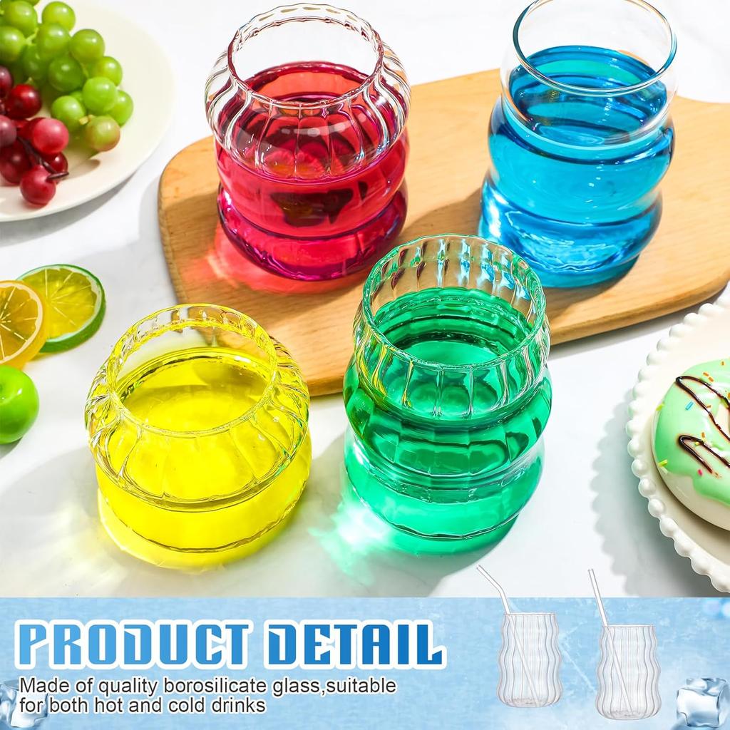 4 Pcs Creative Glassware Set Wave Shape Drinking Glasses with Glass Straw Aesthetic Cups Vintage Ribbed Glass Cups Cute Drinking Glasses for Tea Beer