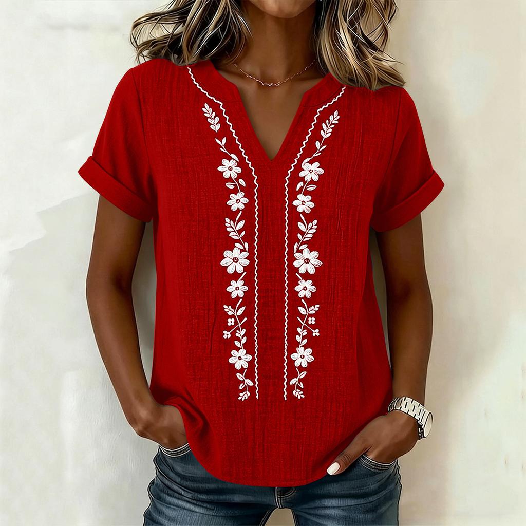 Women's V-Neck Embroidered Blouse - Short Sleeve, Casual Tunic Top for Summer, Business Casual Shirt