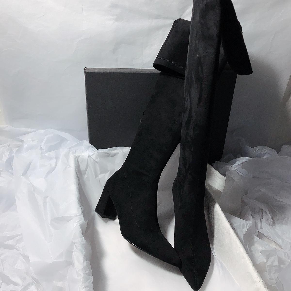 High heel elastic thin Korean version suede gentle elegant thick heel fashion simple knee boots 35
