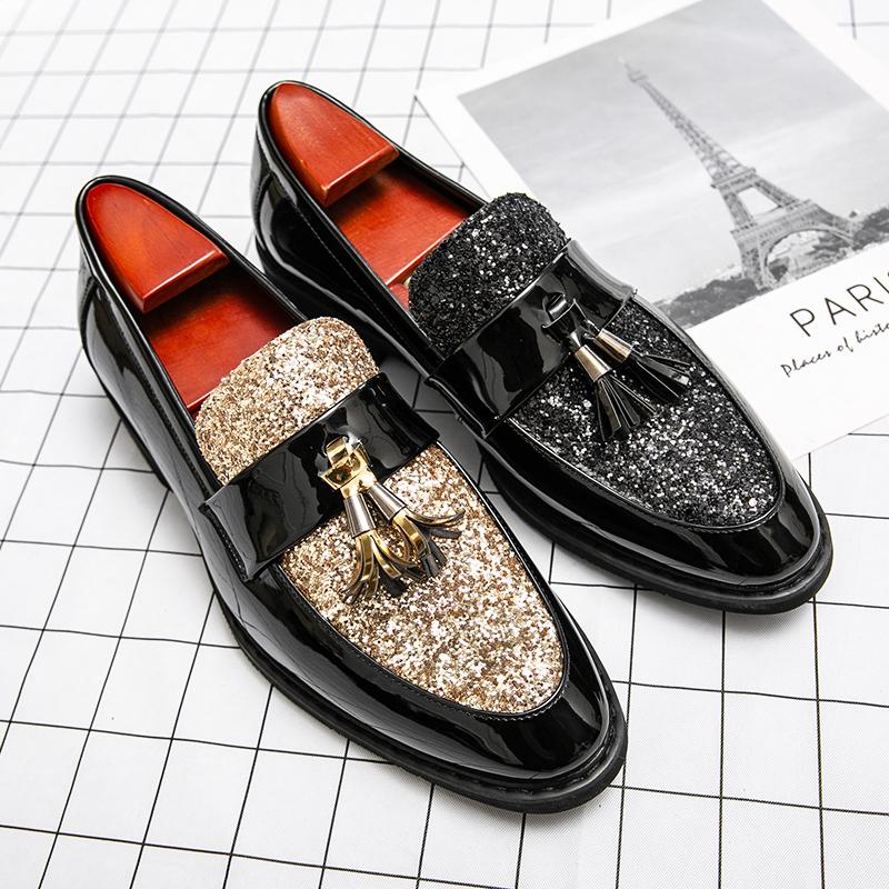 Spring And Autumn Golden Bright Leather Handsome Pointed Shoes British Casual Shoes Large Size Hair Stylist Trend Su Men 'S Shoes