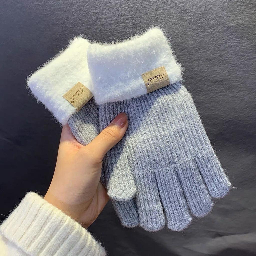 Warm Knitted Gloves Knitted Yarn Women Winter Dew Two Fingers Touchable Screen Cute Thickened Warmth Autumn and Winter Cycling Cold Resistant Gloves