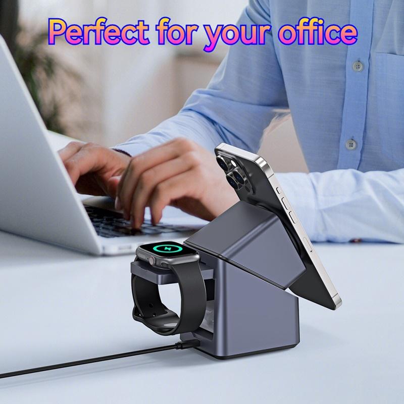 4in1 Electric Rotating Magnetic 15W Wireless Charger Time Display Touch Rotation for iPhone Watch AirPods Ideal Charging Stand