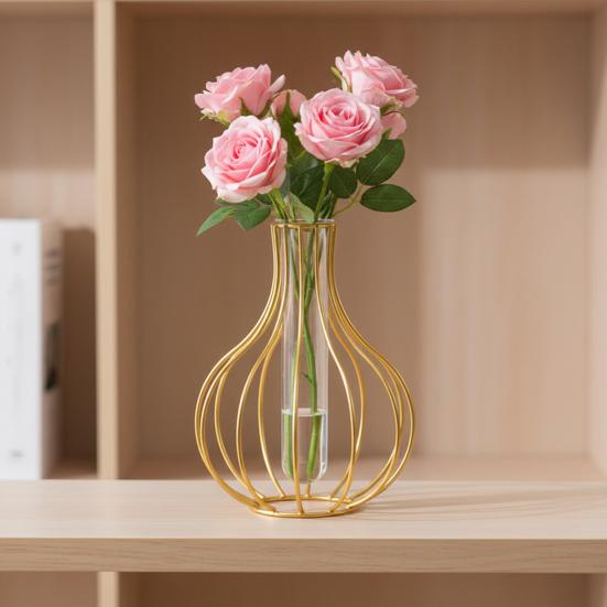 Decorative Glass Vase with Metal Wire Stand Clear Test Tube Vase with Iron Art Frame for Hydroponic Plant Modern Flower