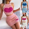 Women Heart Pattern Knit Two Piece Outfit Crop Top And Bodycon Mini Skirt Set