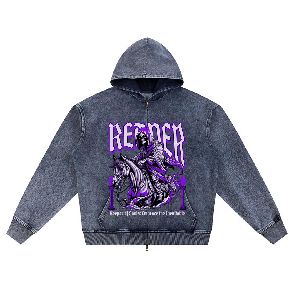 

DTG print Knitted Denim Zip-Up Hoodie Reaper Brother Print Zipper Hoodies XL темно-синий