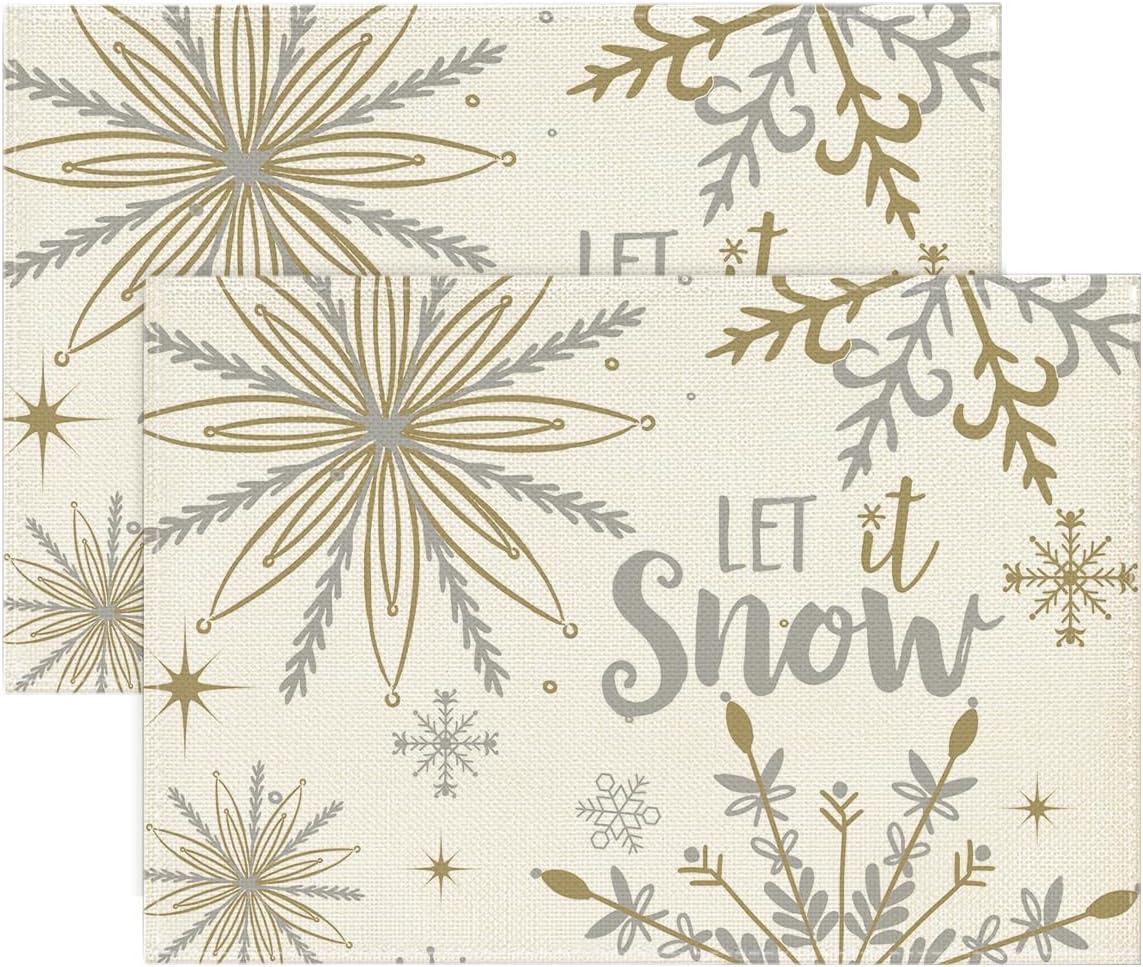 

Beige Snowflake Let It Snow Winter Placemats Set of 4 12x18 Inch Christmas Table Mats for Party Kitchen Dining Decor 4pcs