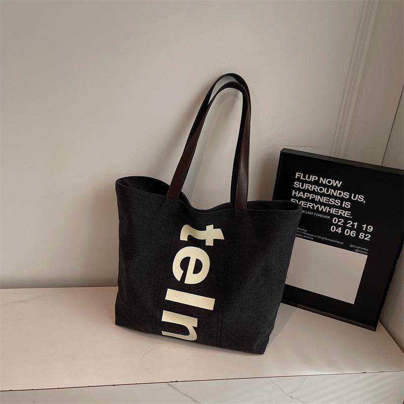 Korean Shoulder Bag Large Capacity Canvas Tote Bag for Women with Letter Print Comfortable and Versatile Texture Storage Bags