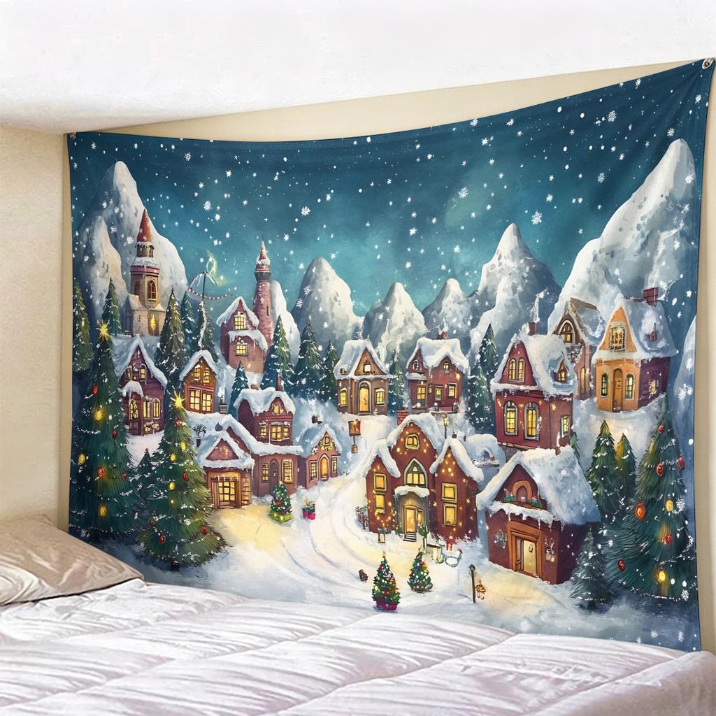 Christmas Tapestry Winter Snow Scene Wall Hanging, Holiday Decor for Bedroom Living Room, Cozy Festive Backdrop for Xmas