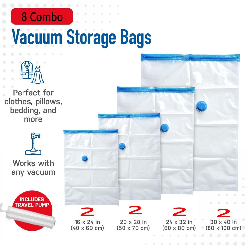 8 Pack Vacuum Storage Bags, Space Saver Bags with Hand Pump, Vacuum Seal Bags for Clothing, Comforters, Blankets, Bedding