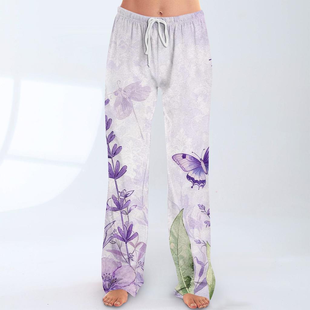 Pantalon Casual Imprimé à Taille Élastique à Cordon de Serrage, Coupe Ample pour Femme