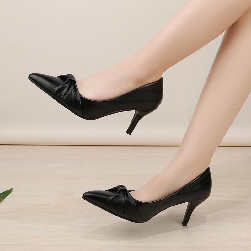 Classy Women's High Heels Fashion Bow Pointed-toe Pumps Mid Heel Office Lady Slip-on Work Shoes Black Stiletto Heels