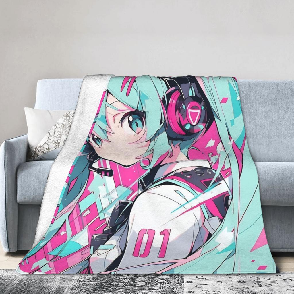 Hatsune Miku Anime Blanket Fleece Spring Autumn Portable Lightweight Thin Throw Blankets for Bed Travel Bedding Throws