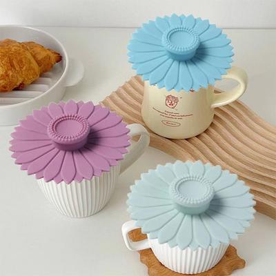 Drinkware Seamless Sunflower Silicone Cup Lid with Handle Leakproof Cup Cover Sealed Dust-proof Coffee Mug Lids Glass