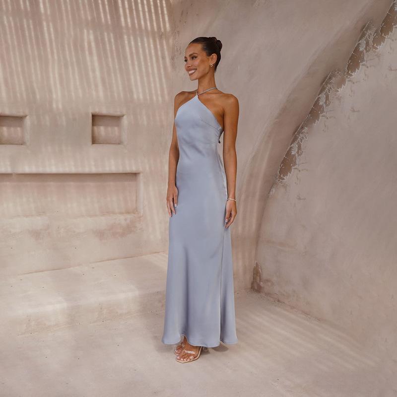 Women Design Sense Backless Spaghetti Strap Solid Ankel-Length Dress V-neck High Waist