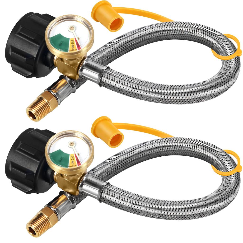 Pacotes de 2 mangueiras de propano para RV de 15 polegadas com manômetro, Mangueira de tanque de camper trançada em aço inoxidável, Conector de mangueiras de gás LP para RV para regulador padrão de dois estágios