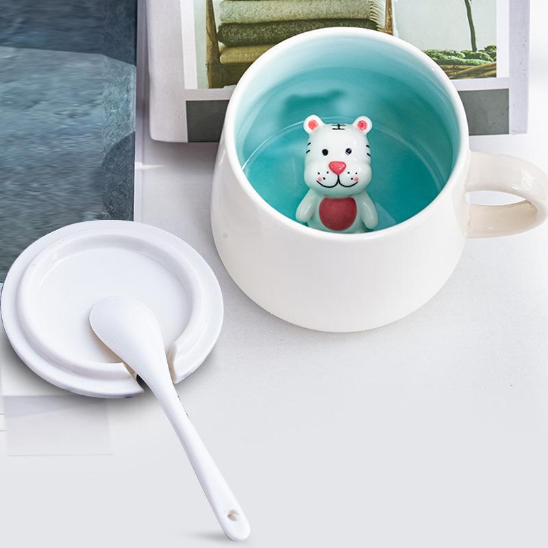 3D Animal Inside Mug, Funny Ceramic Cup, Coffee Mugs with Lid and Spoon, Milk Tea, Breakfast Cups