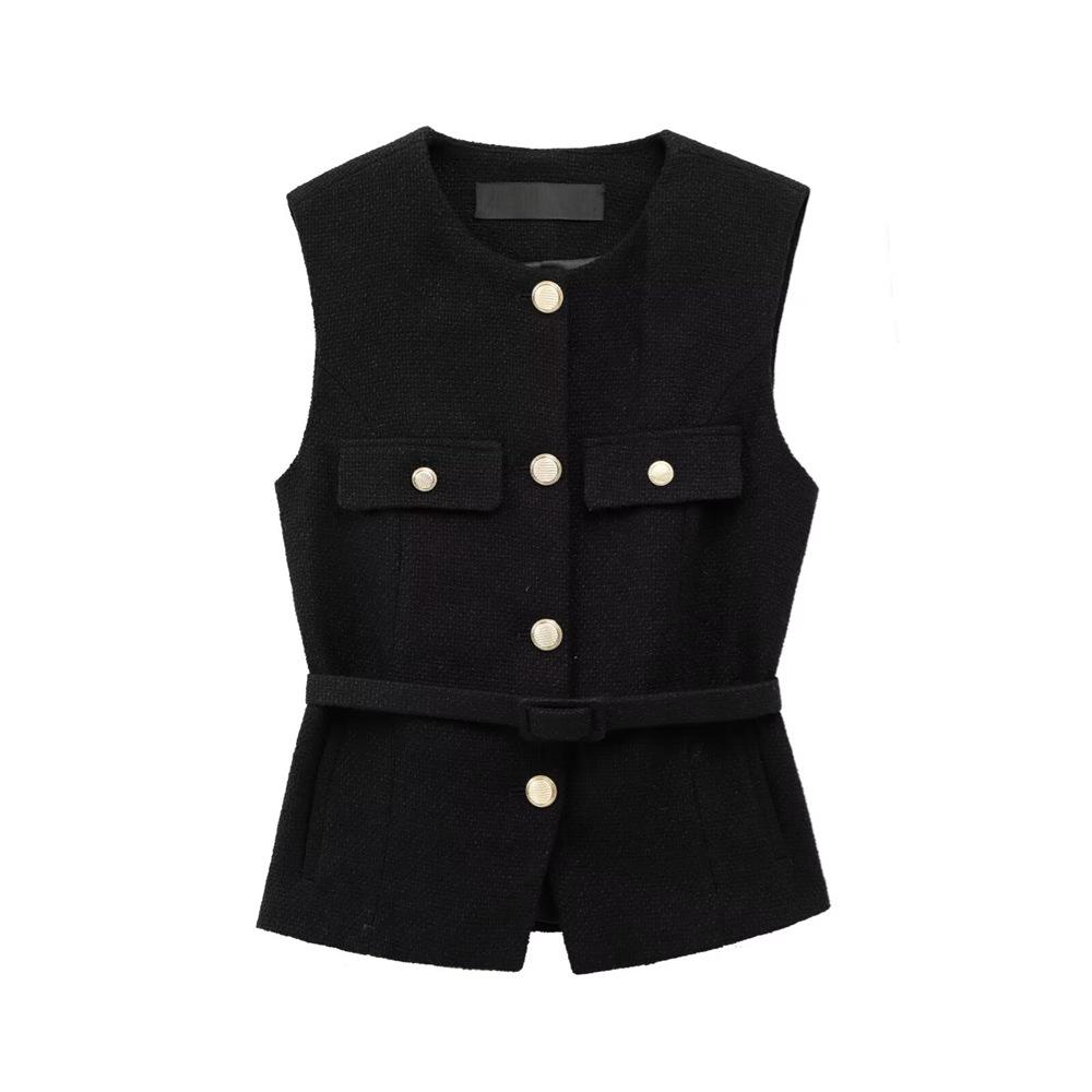 

2025 Spring Women s Slim Round Neck Vest with Metal Buckle and Belt M чёрный