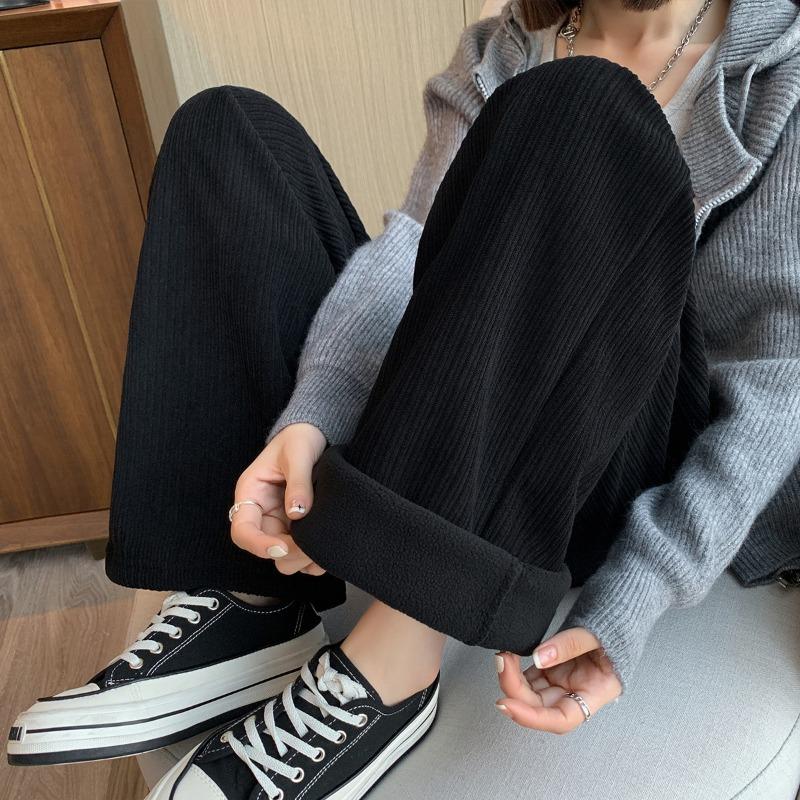 Chenier Wide-leg Pants Women's Autumn and Winter Fleece Thickened High-waisted Loose Straight Pants Casual Floor-mopping Trousers