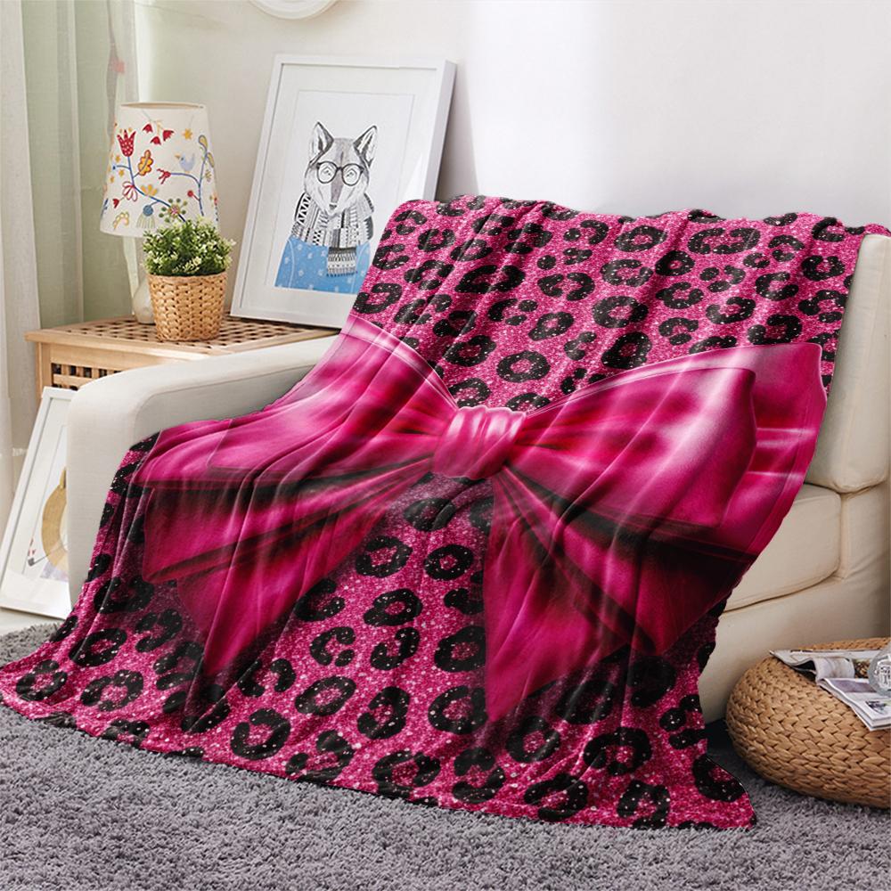 1Pc Pink&Black Bow Print Flannel Blanket, High quality Comfortable for All Seasons, Home Decor, Warmth and Comfort, Perfect for Christmas Gifts W28