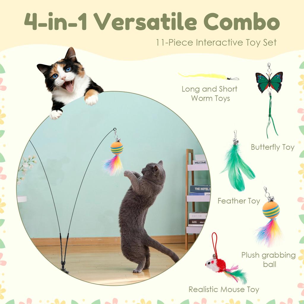 Interactive Cat Feather Toy Indoor Cat Teaser Stick with 2 Wand 11 Feather Toy Suction Cup and 2 Type Of Door Hanging Cat String