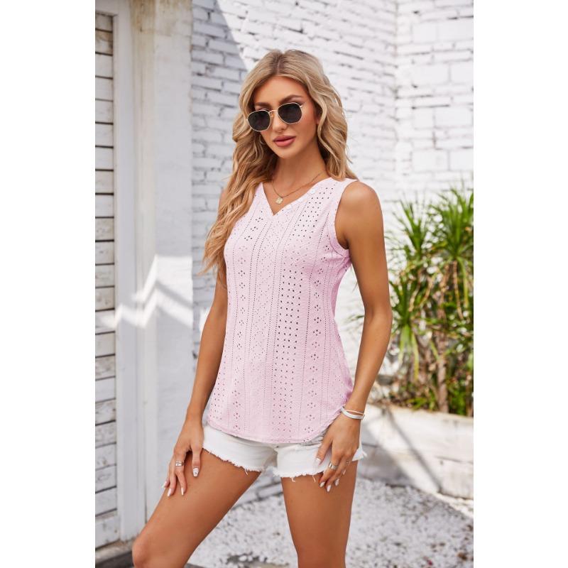 Women's Spring and Summer New Products, Button V-neck, Solid Color Casual, Eyelet Undershirt
