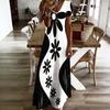 Women Plus Size V Neck Short Sleeve Black White Printed Straight Long Dress