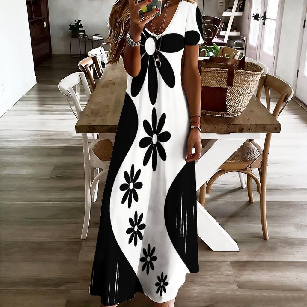 Women Plus Size V Neck Short Sleeve Black White Printed Straight Long Dress