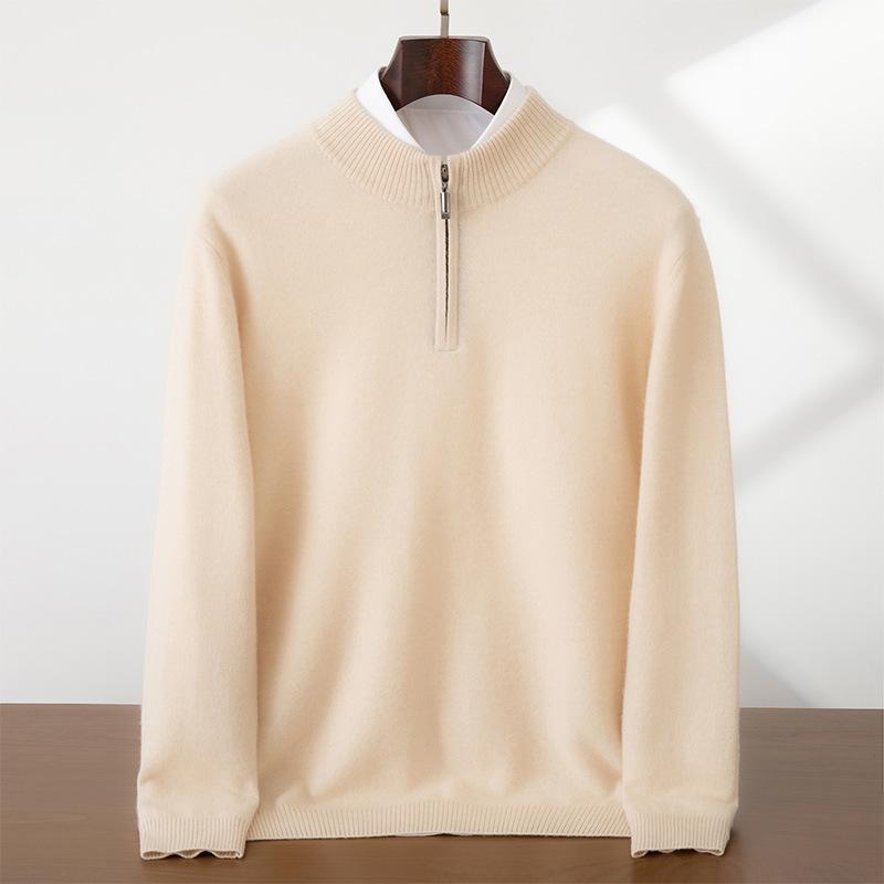 Men's Cashmere Zipper Sweater - Solid Color, Half-High Collar, Long Sleeve, Casual Fit.