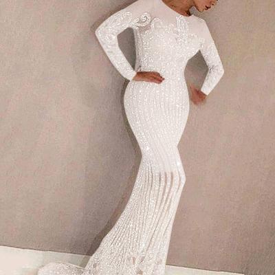 Women Wedding Bride Bridesmaids Elegant Long Sleeves Round Neck Glitters Maxi Long Dress Party Ball Gown