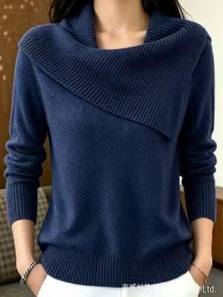 Asymmetrical Lapel Knit Sweater - Solid Color, Slim Fit, Versatile Long Sleeve Wool Sweater for Women