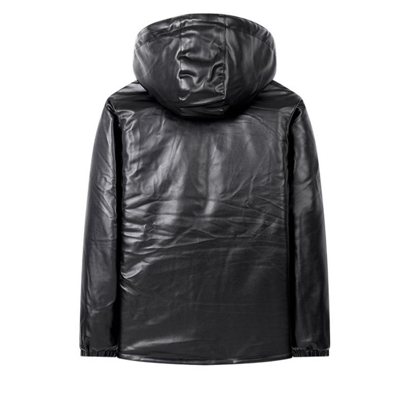 Men's Autumn and Winter Solid Color Pu Leather Jacket Hooded Casual Velvet Warm Coat Top