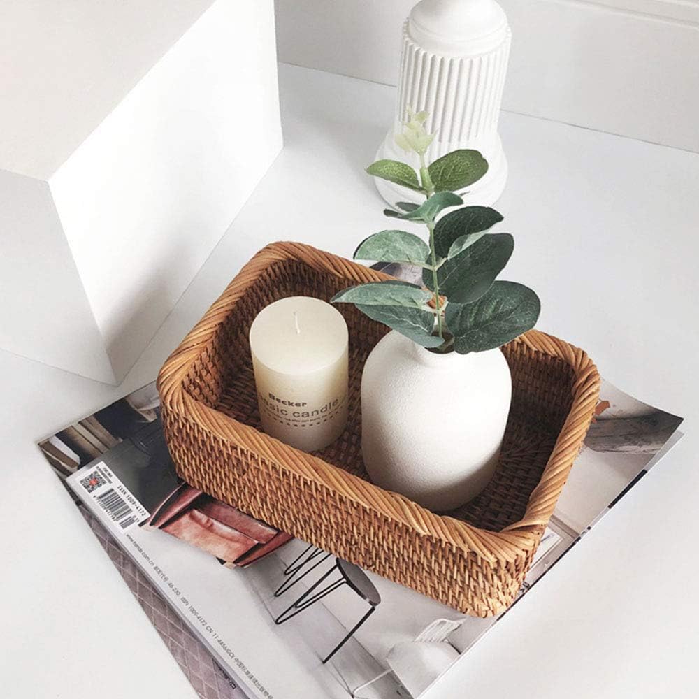 Rattan Storage Baskets Rectangle Woven Bread Basket Rectangular Wicker Serving Organizer Tray Rattan Fruit Basket, Stackable Wicker Organizer (S)