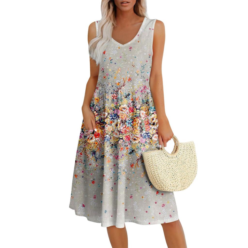 Summer Casual Midi Dresses For Women Vocation  Elastic Waist Sleeveless Knee Length Sundress With Pockets Loose Fit