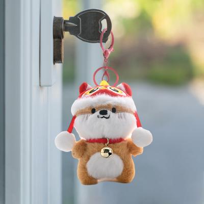Plush Pendant Lion Dance Dog Keychain Soft Plush Doll Ornament with Hat And Bell Pendant Cute Red White Lucky Bag Charm Gift for Festival