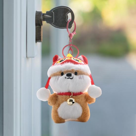 Plüschanhänger Löwentanz Hund Schlüsselanhänger Weiche Plüschpuppe Ornament mit Hut und Glockenanhänger Niedlicher Rot Weiß Glückssäckchen Anhänger Geschenk für Festival